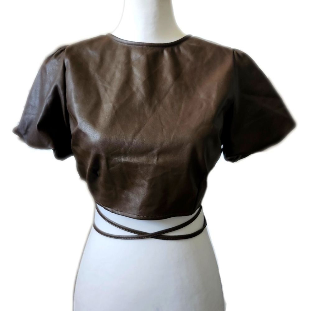 Kirious NWT Come Across It Faux Leather Crop Top, Puff Sleeves, Brown, M